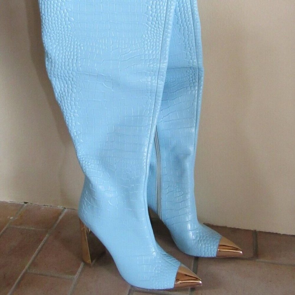 🚫 Sold 🚫 8.5 Jennifer Le Pastel Blue Thick Heel Croc Thigh High Boot boots